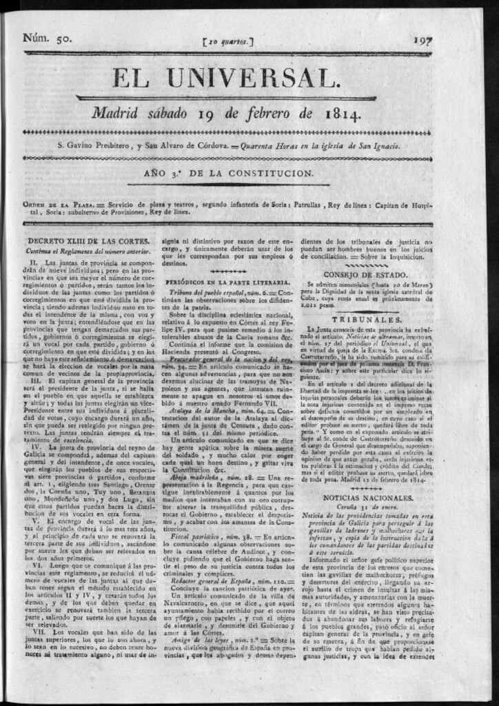 Miniatura de El Universal del sábado 19 de febrero de 1814.