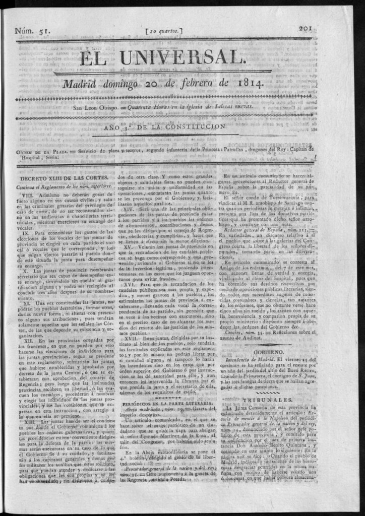 Miniatura de El Universal del domingo 20 de febrero de 1814.