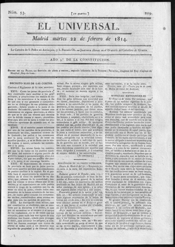 Miniatura de El Universal del martes 22 de febrero de 1814.