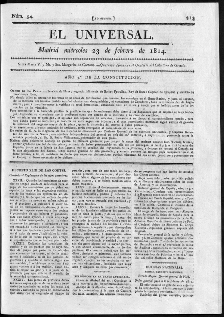 Miniatura de El Universal del miércoles 23 de febrero de 1814.