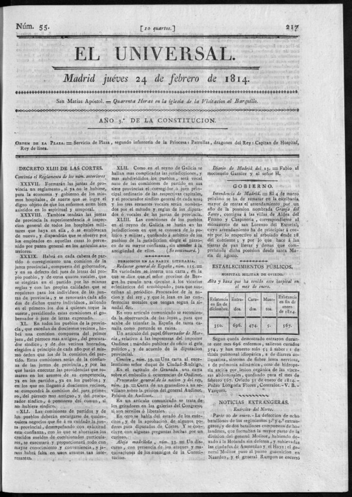 Miniatura de El Universal del jueves 24 de febrero de 1814.