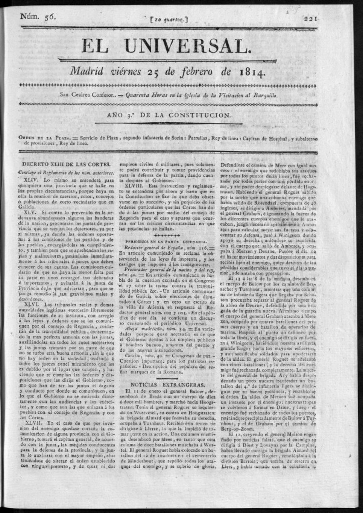Miniatura de El Universal del viernes 25 de febrero de 1814.