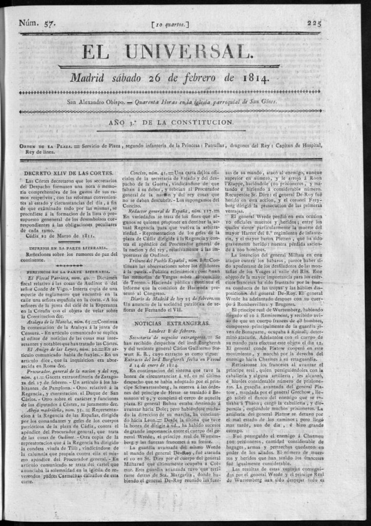 Miniatura de El Universal del sábado 26 de febrero de 1814.