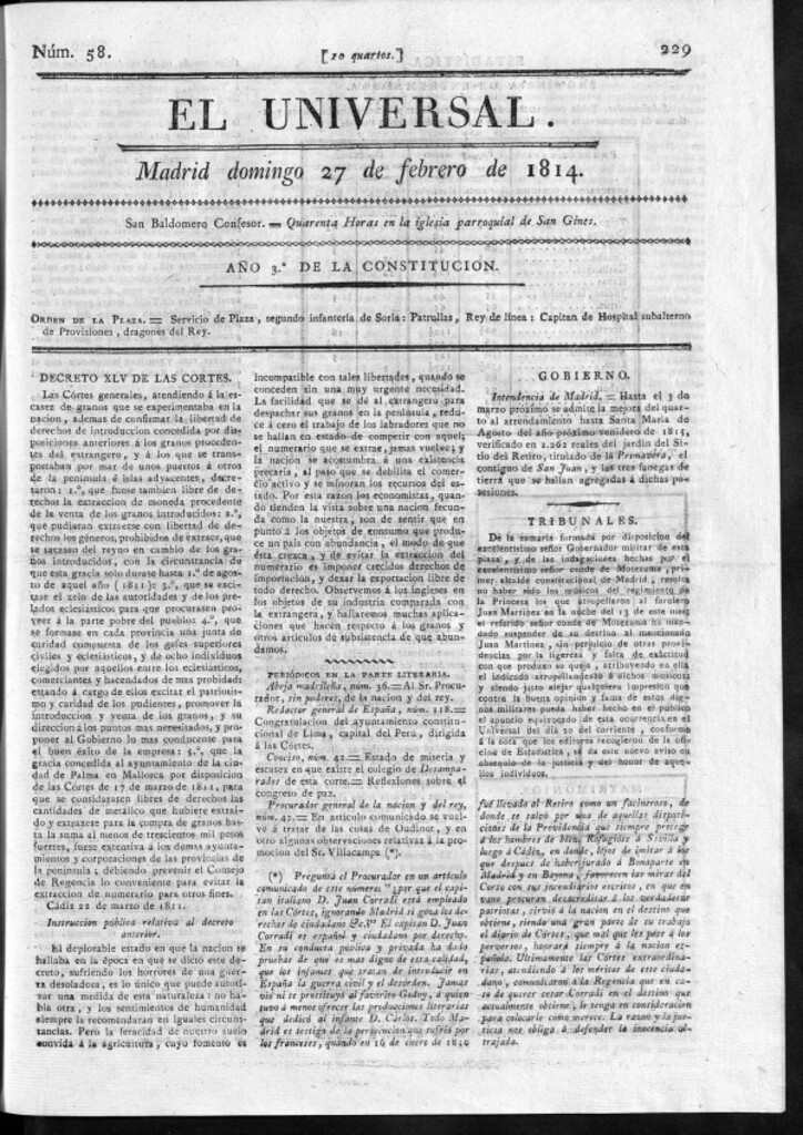 Miniatura de El Universal del domingo 27 de febrero de 1814.