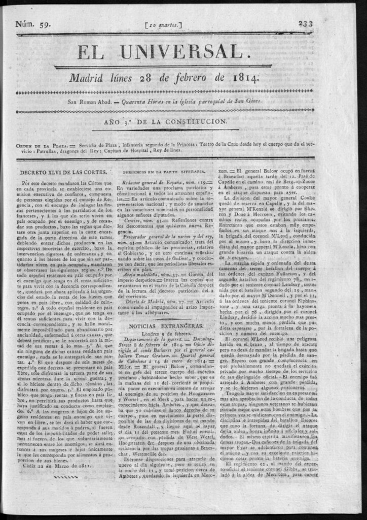 Miniatura de El Universal del lunes 28 de febrero de 1814.