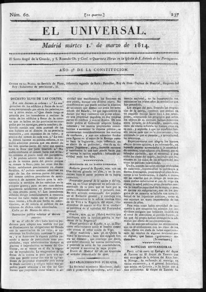 Miniatura de El Universal del martes 1 de marzo de 1814.