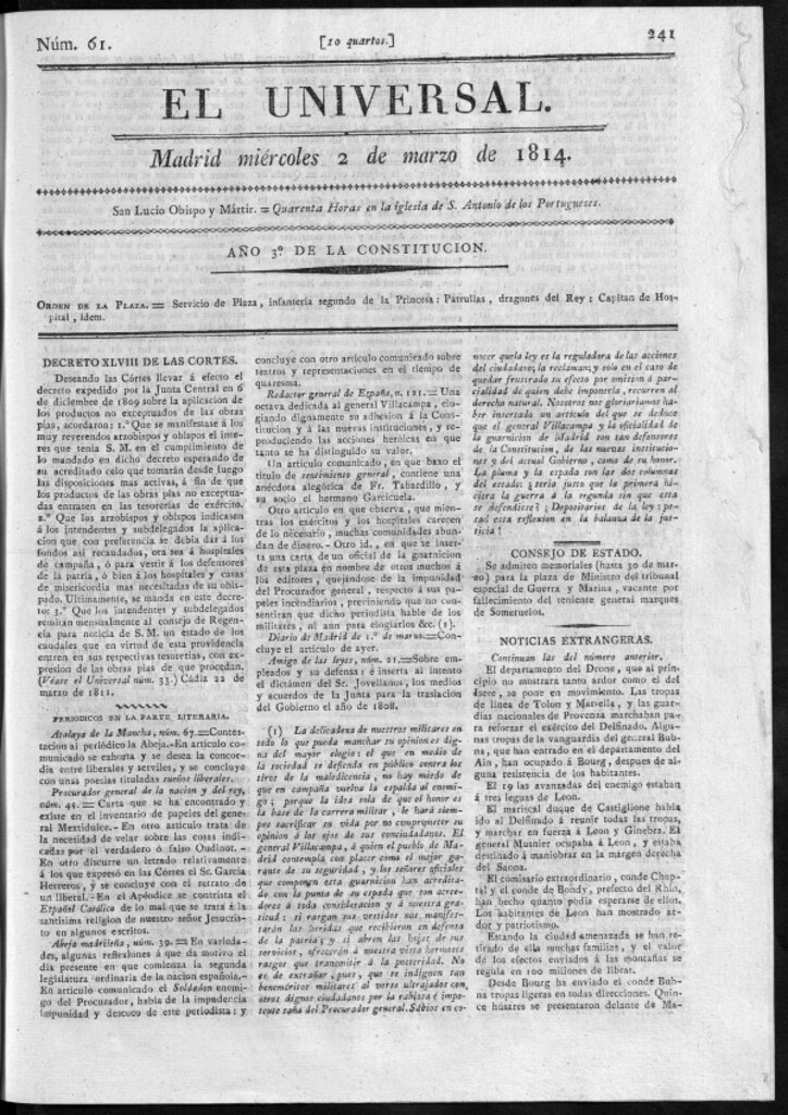 Miniatura de El Universal del miércoles 2 de marzo de 1814.
