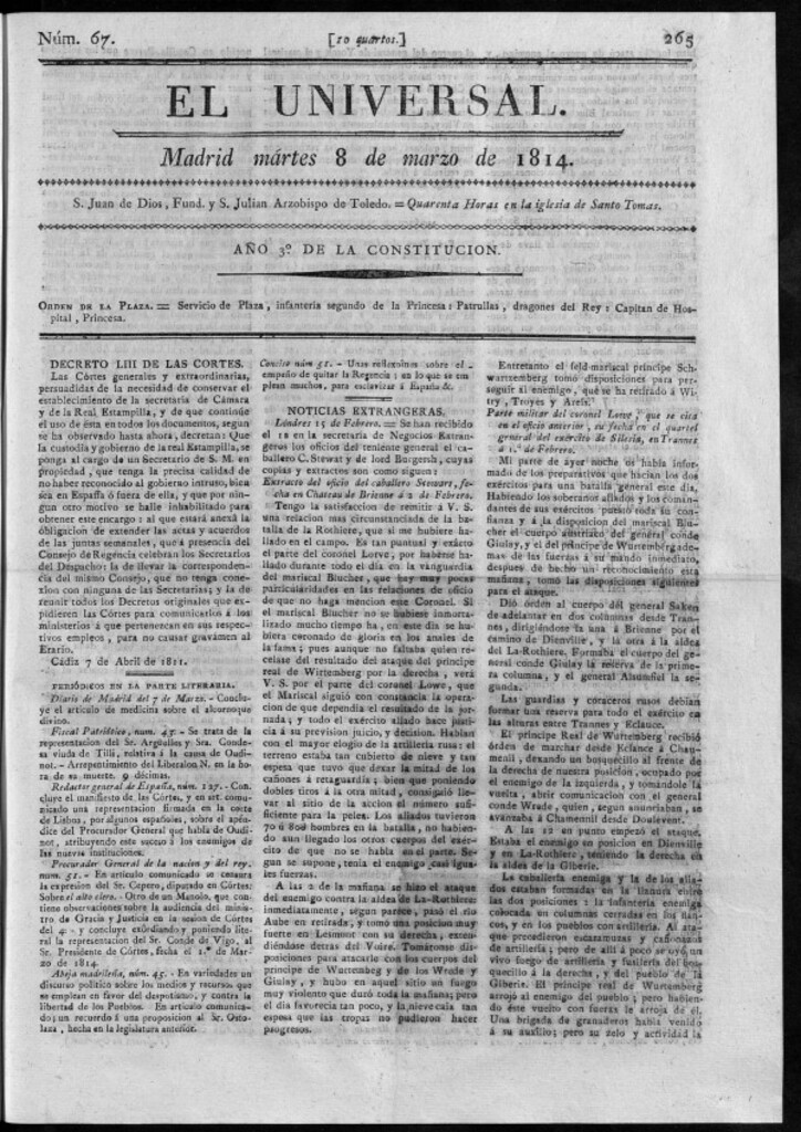 Miniatura de El Universal del martes 8 de marzo de 1814.