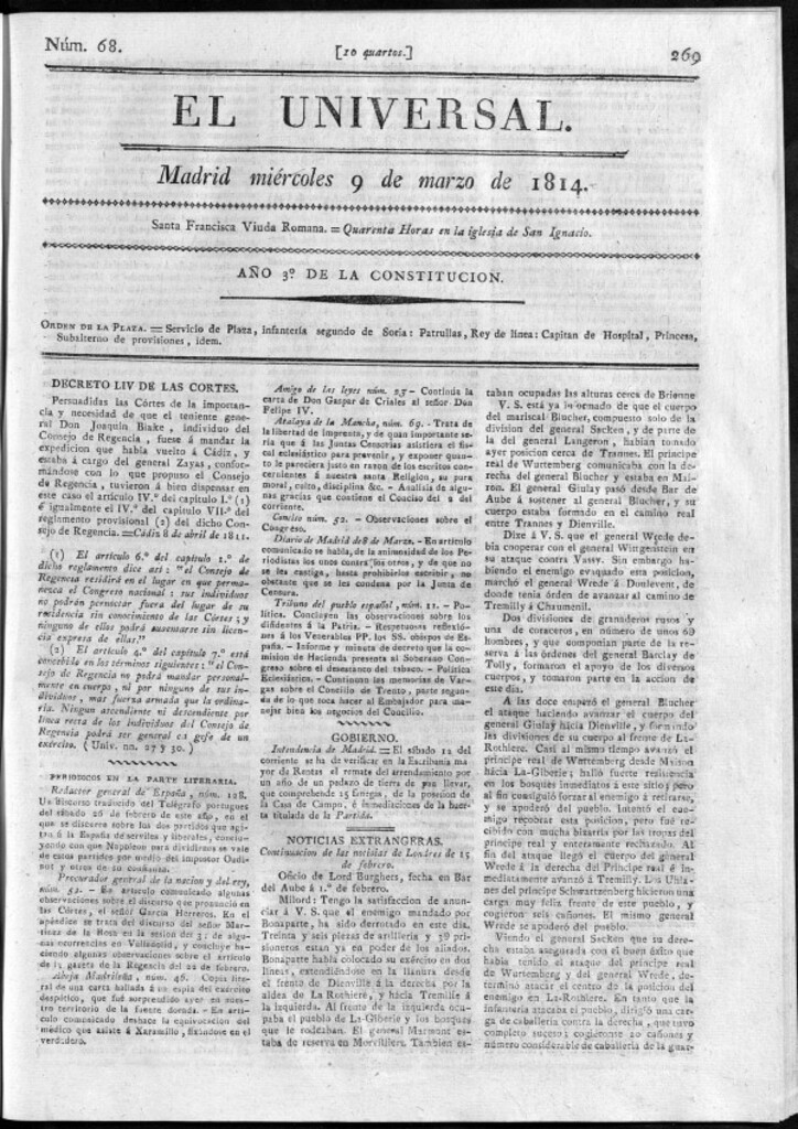 Miniatura de El Universal del miércoles 9 de marzo de 1814.