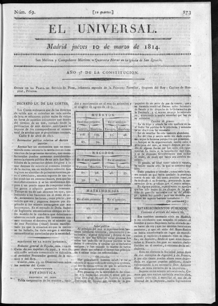 Miniatura de El Universal del jueves 10 de marzo de 1814.