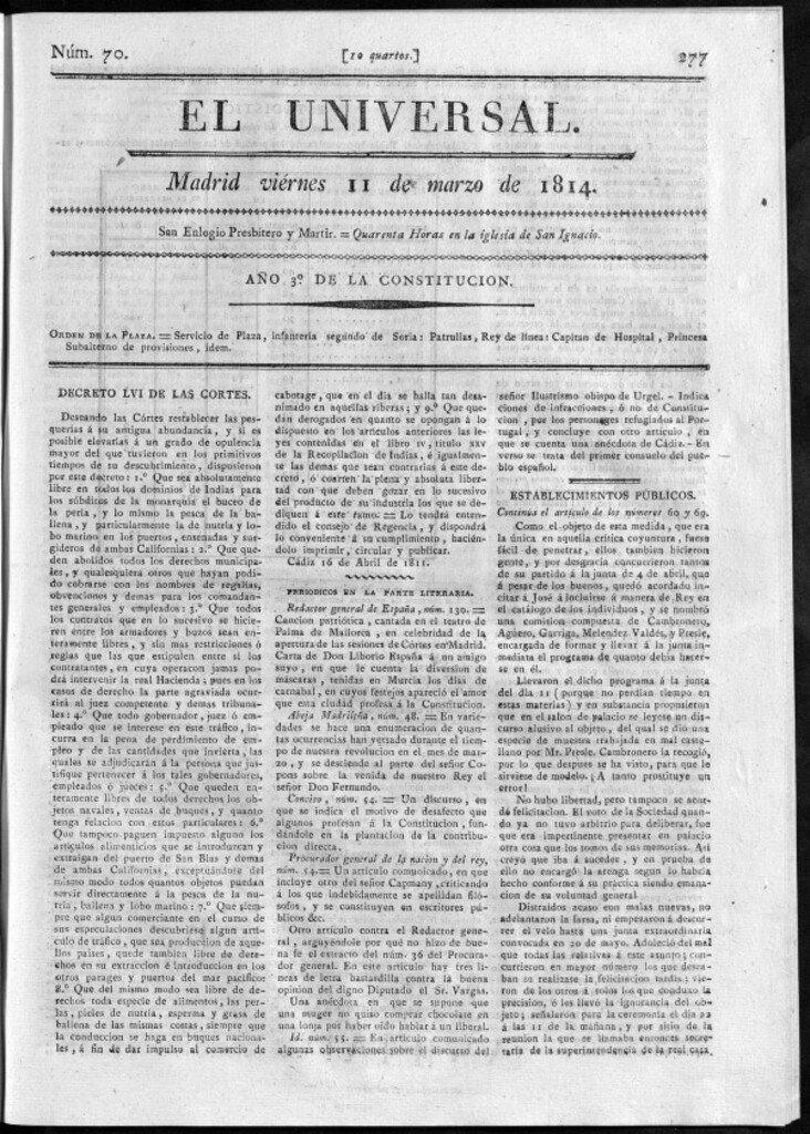 Miniatura de El Universal del viernes 11 de marzo de 1814.