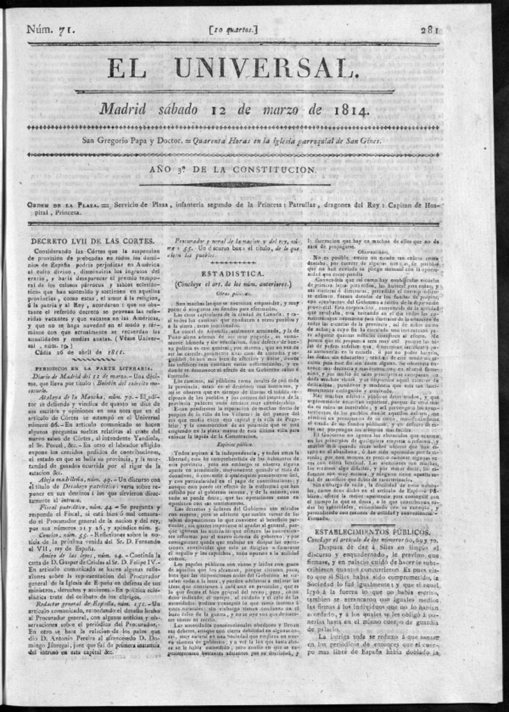 Miniatura de El Universal del sábado 12 de marzo de 1814.