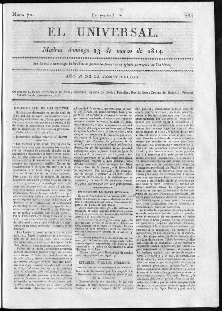 Miniatura de El Universal del domingo 13 de marzo de 1814.