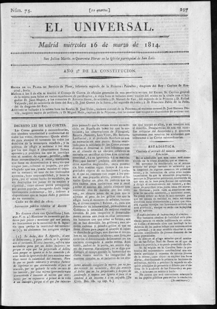 Miniatura de El Universal del miércoles 16 de marzo de 1814.