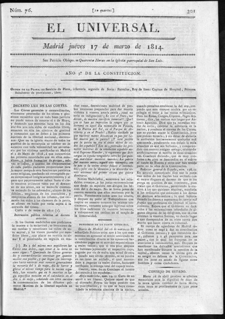 Miniatura de El Universal del jueves 17 de marzo de 1814.