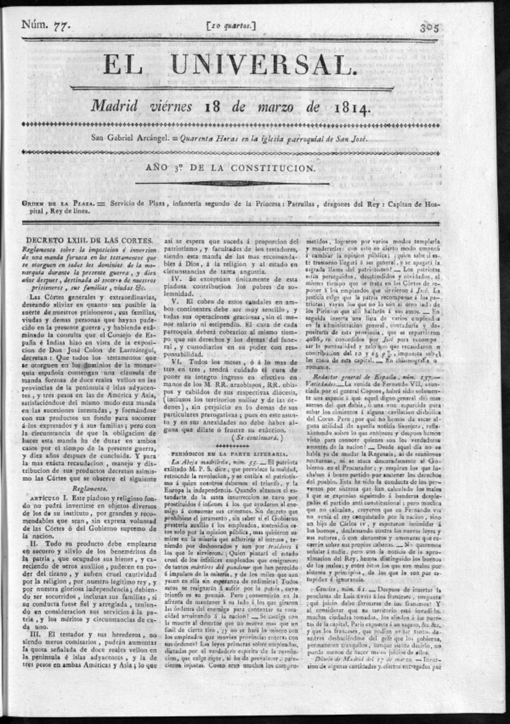 Miniatura de El Universal del viernes 18 de marzo de 1814.