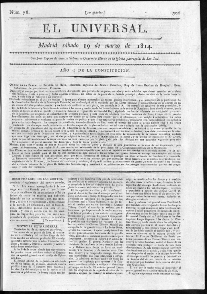 Miniatura de El Universal del sábado 19 de marzo de 1814.