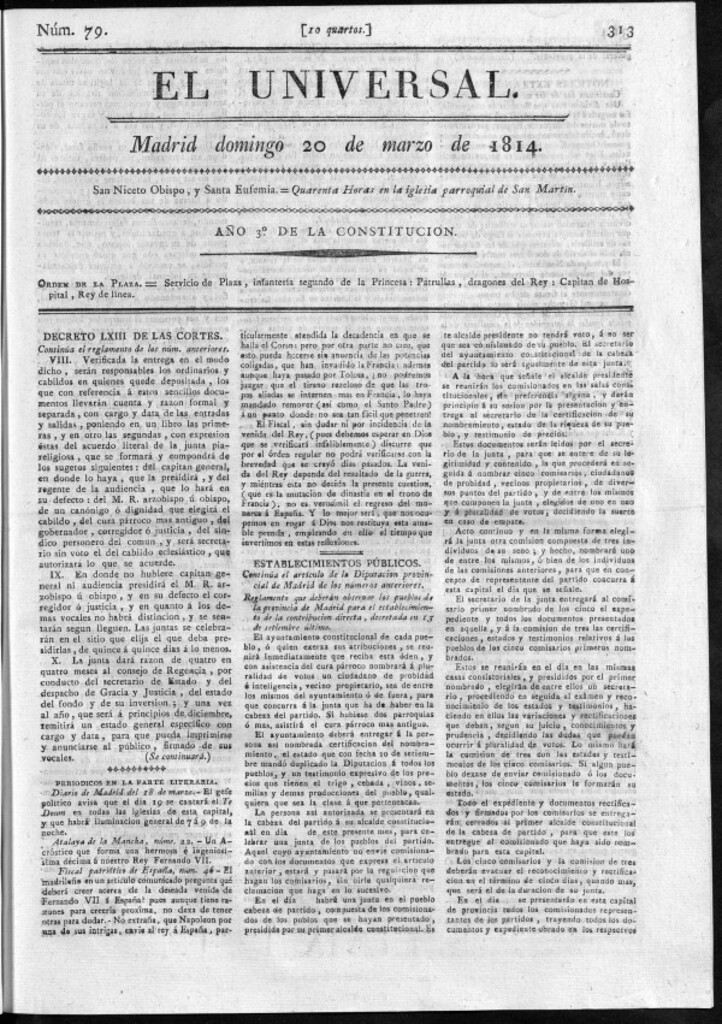 Miniatura de El Universal del domingo 20 de marzo de 1814.