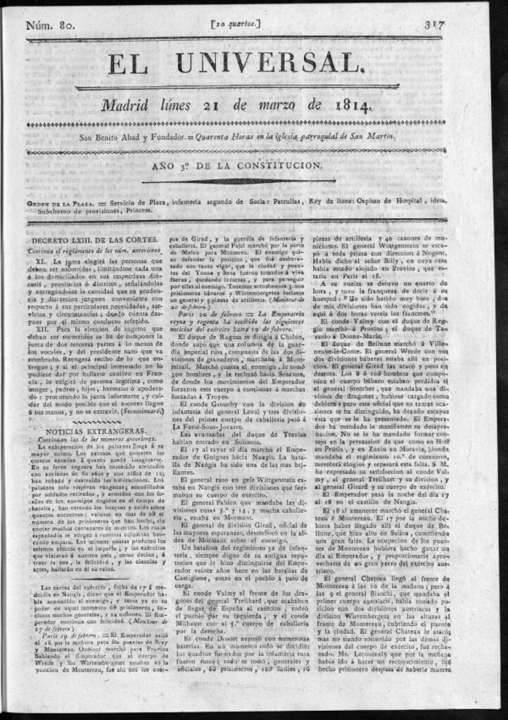 Miniatura de El Universal del lunes 21 de marzo de 1814.