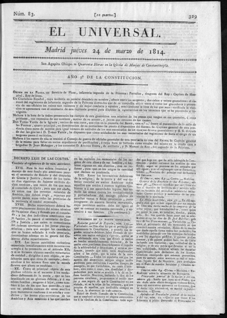 Miniatura de El Universal del jueves 24 de marzo de 1814.