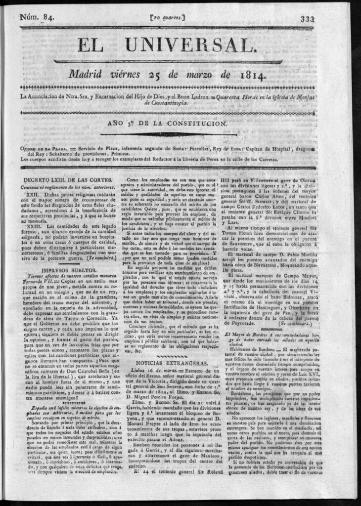Miniatura de El Universal del viernes 25 de marzo de 1814.