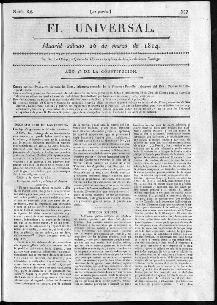 Miniatura de El Universal del sábado 26 de marzo de 1814.