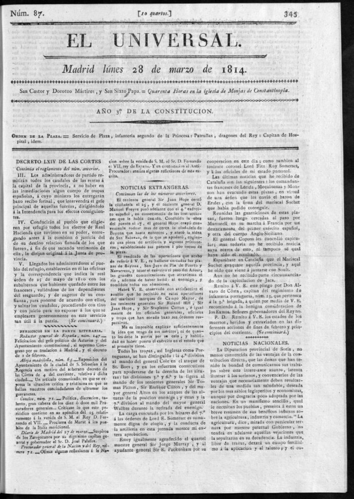 Miniatura de El Universal del lunes 28 de marzo de 1814.