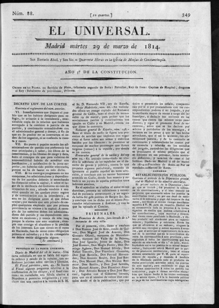 Miniatura de El Universal del martes 29 de marzo de 1814.