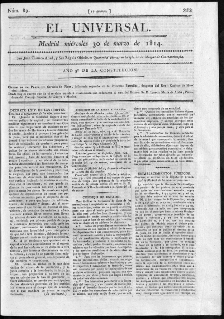 Miniatura de El Universal del miércoles 30 de marzo de 1814.