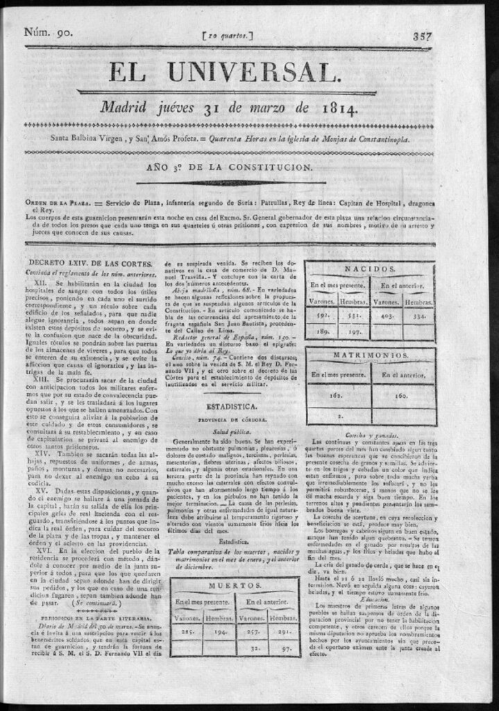 Miniatura de El Universal del jueves 31 de marzo de 1814.