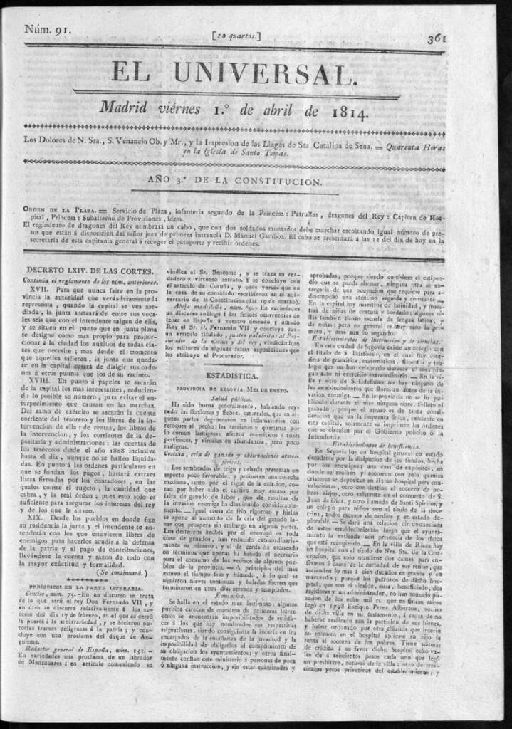 Miniatura de El Universal del viernes 1 de abril de 1814.