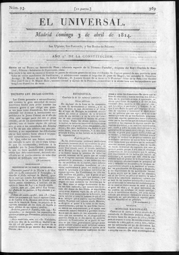 Miniatura de El Universal del domingo 3 de abril de 1814.