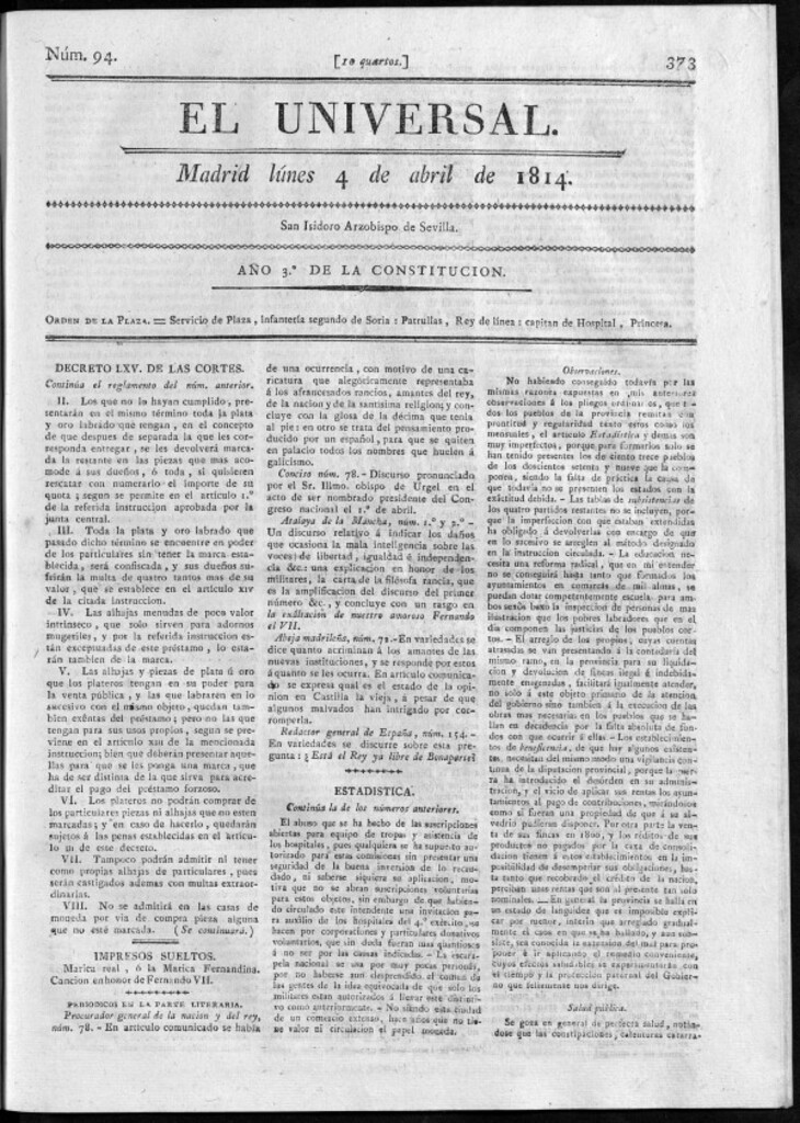 Miniatura de El Universal del lunes 4 de abril de 1814.