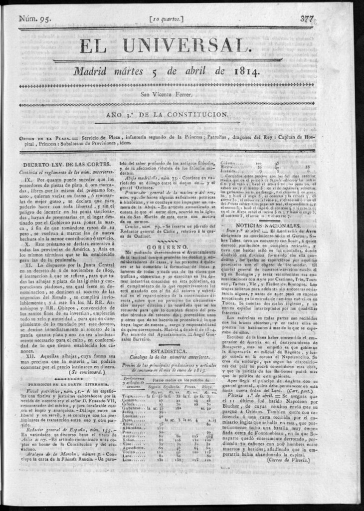 Miniatura de El Universal del martes 5 de abril de 1814.