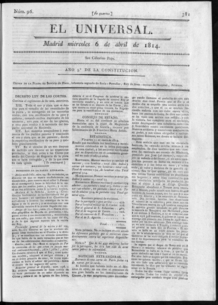 Miniatura de El Universal del miércoles 6 de abril de 1814.