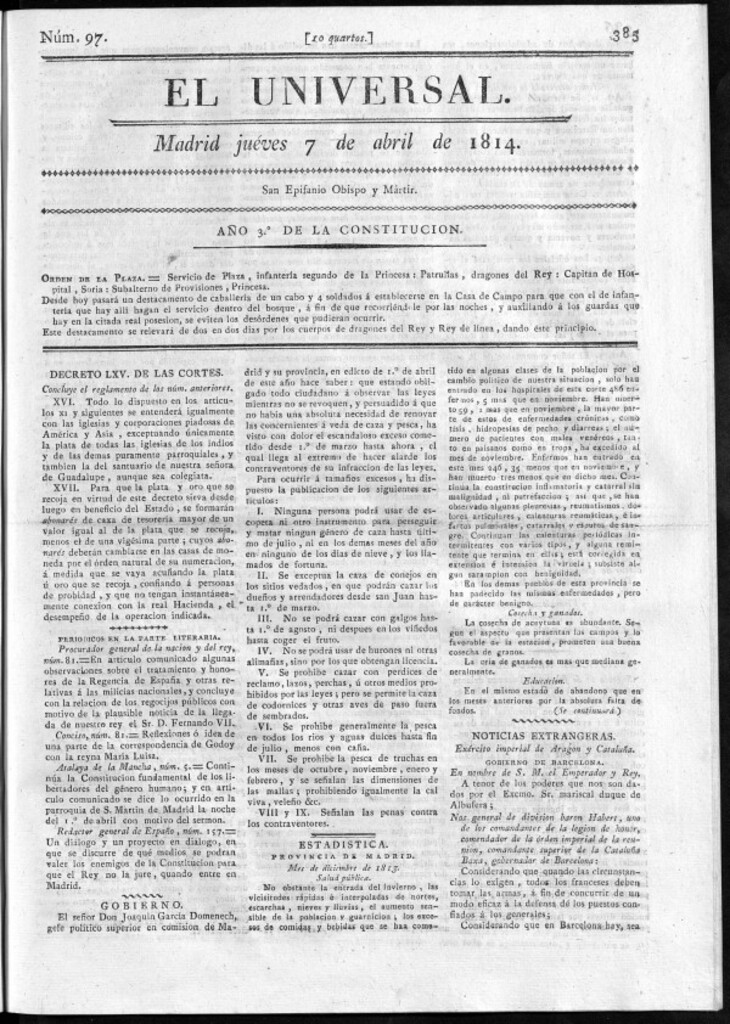 Miniatura de El Universal del jueves 7 de abril de 1814.