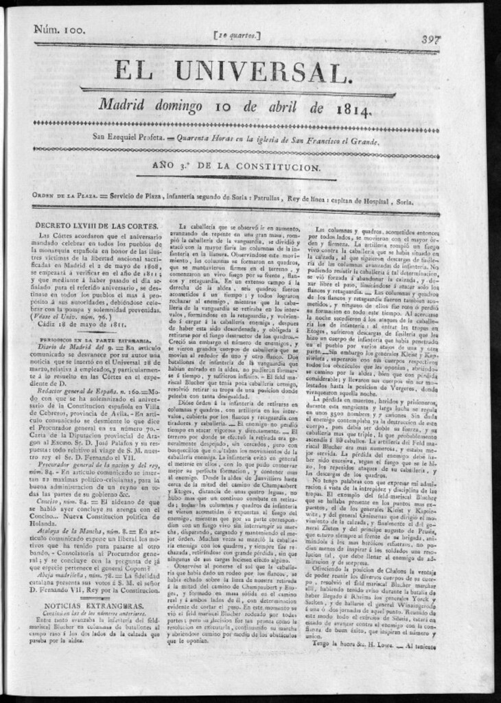 Miniatura de El Universal del domingo 10 de abril de 1814.