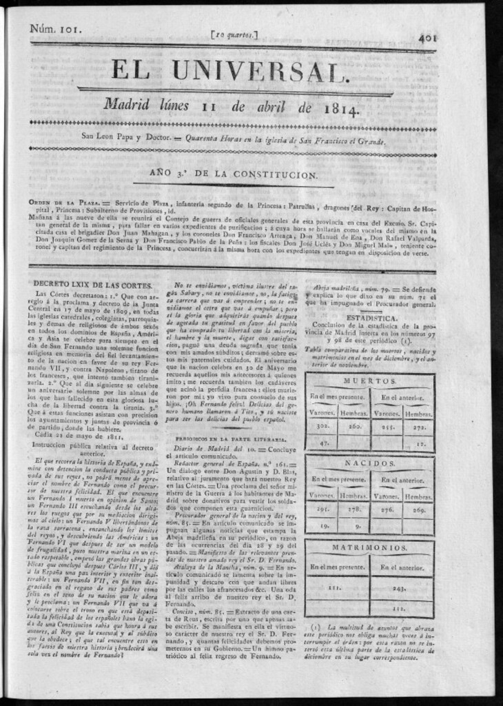 Miniatura de El Universal del lunes 11 de abril de 1814.
