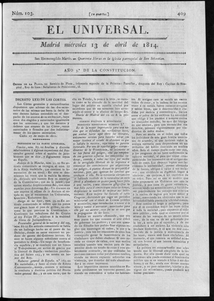 Miniatura de El Universal del miércoles 13 de abril de 1814.