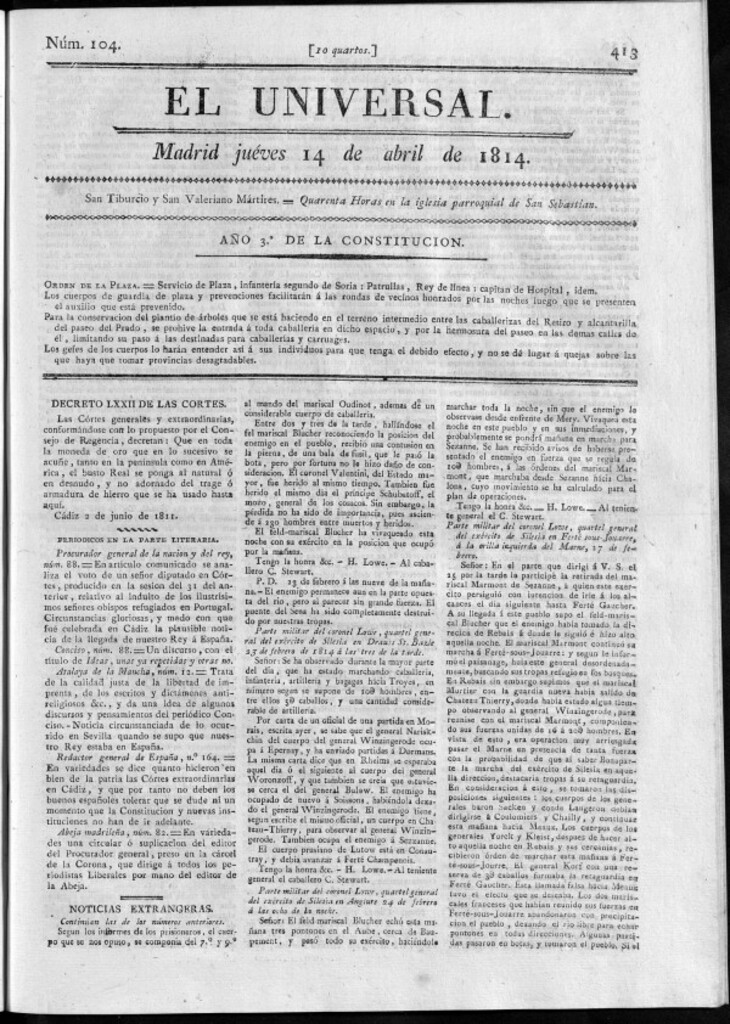 Miniatura de El Universal del jueves 14 de abril de 1814.