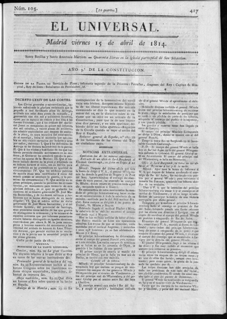 Miniatura de El Universal del viernes 15 de abril de 1814.