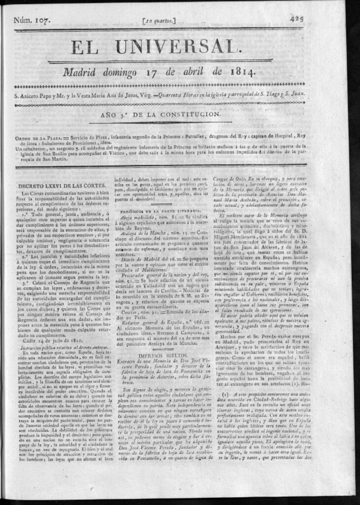 Miniatura de El Universal del domingo 17 de abril de 1814.