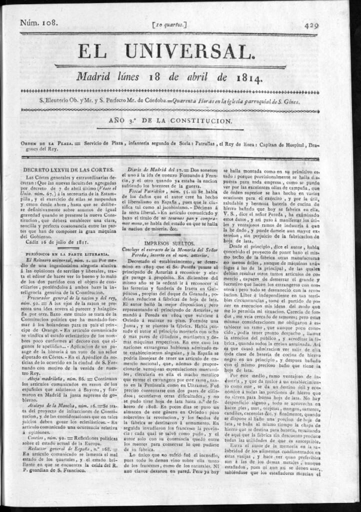 Miniatura de El Universal del lunes 18 de abril de 1814.