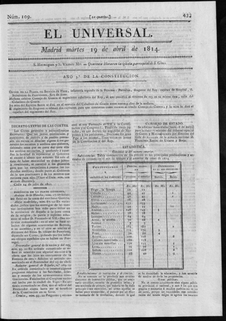 Miniatura de El Universal del martes 19 de abril de 1814.