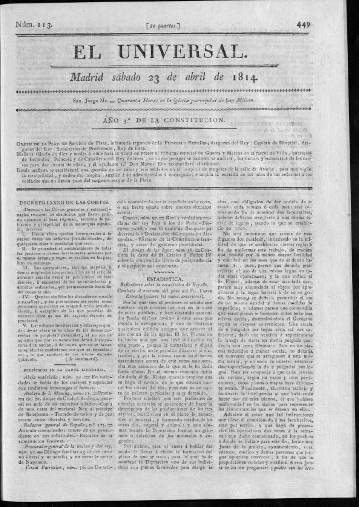 Miniatura de El Universal del sábado 23 de abril de 1814.