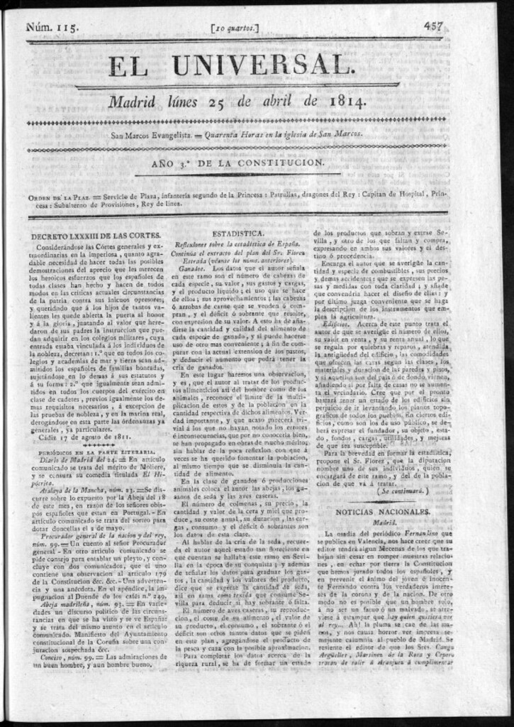 Miniatura de El Universal del lunes 25 de abril de 1814.