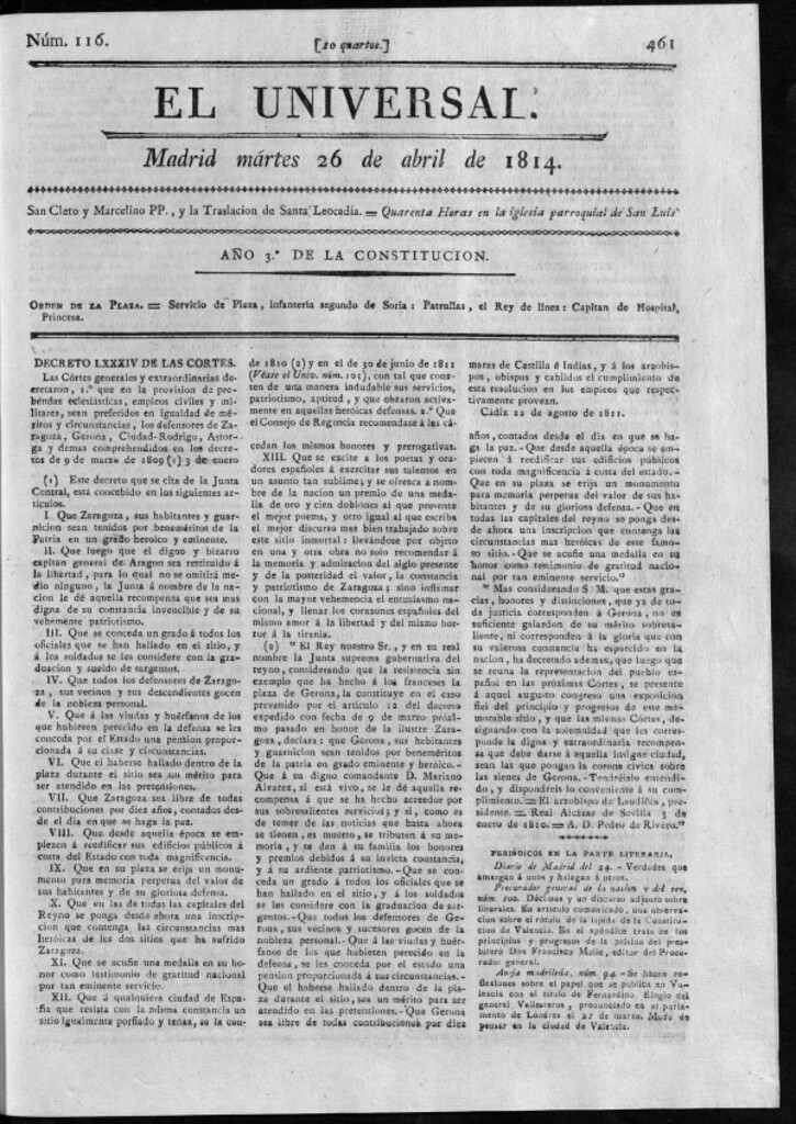 Miniatura de El Universal del martes 26 de abril de 1814.