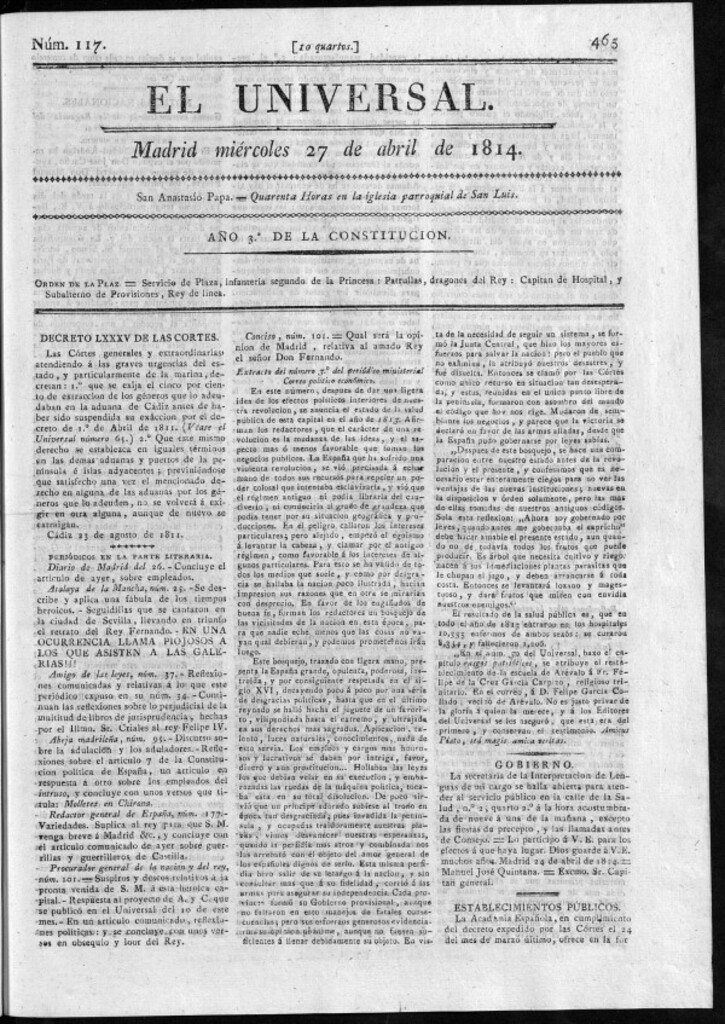 Miniatura de El Universal del miércoles 27 de abril de 1814.