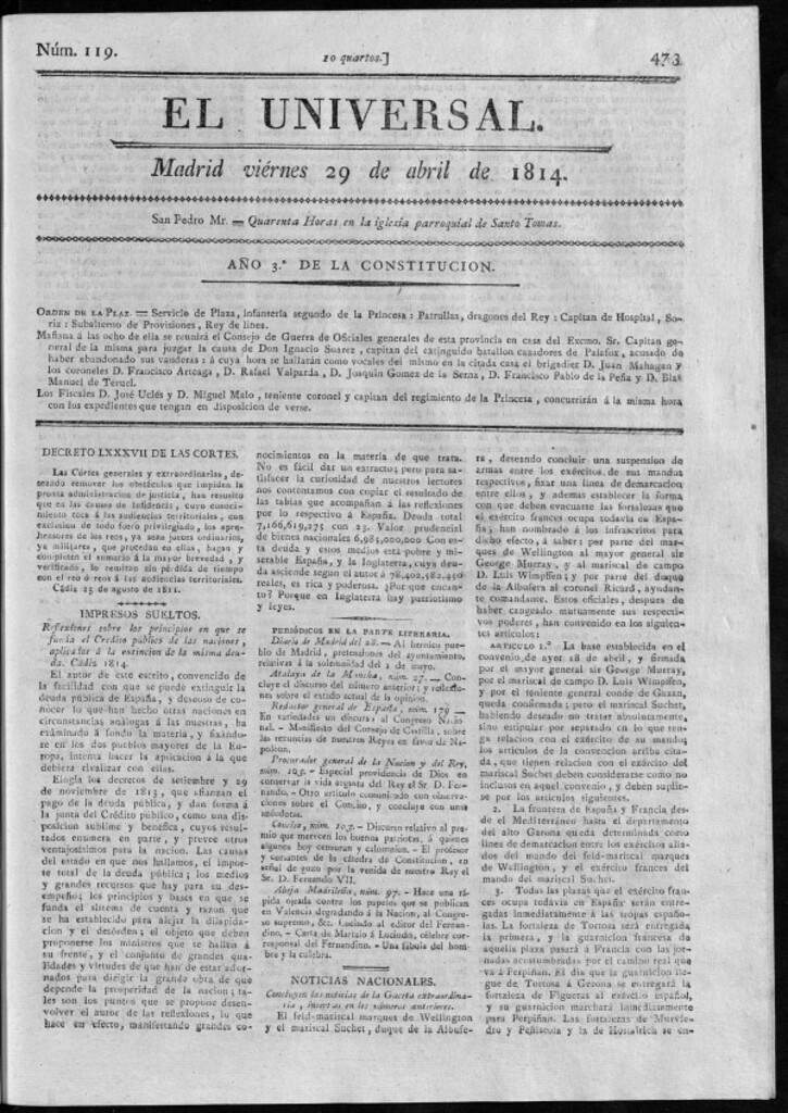 Miniatura de El Universal del viernes 29 de abril de 1814.