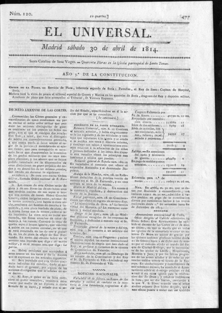 Miniatura de El Universal del sábado 30 de abril de 1814.